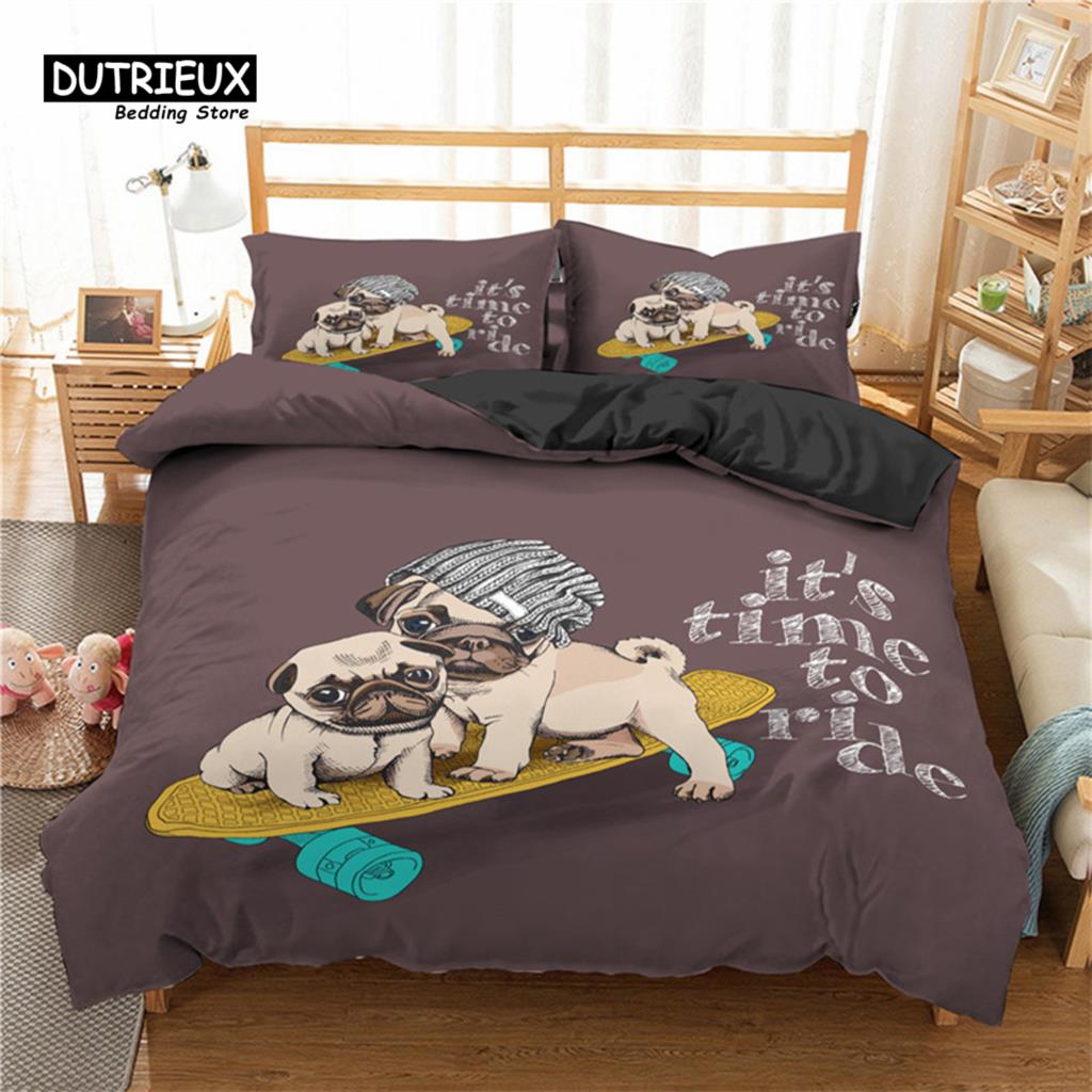 Modern Elegant Pug Pet Dog Polyester Funny Cartoon Animal Size For Kids Child Teens Decor Full King Comforter