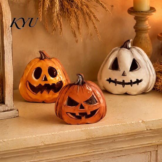 Spooky Holiday Tabletop Accents 3Pcs Halloween Pumpkin Decor, Rustic Face Wooden Block Autumn Theme Party Decor Ornaments, Farmhouse Desktop Craft for