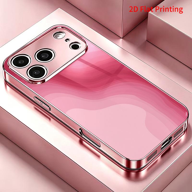 2DFlat electroplated tempered glass phone case,Abstract Pink Waves Design,suitable for iPhone 18 Pro Max 17 16 15 14 13 12 11