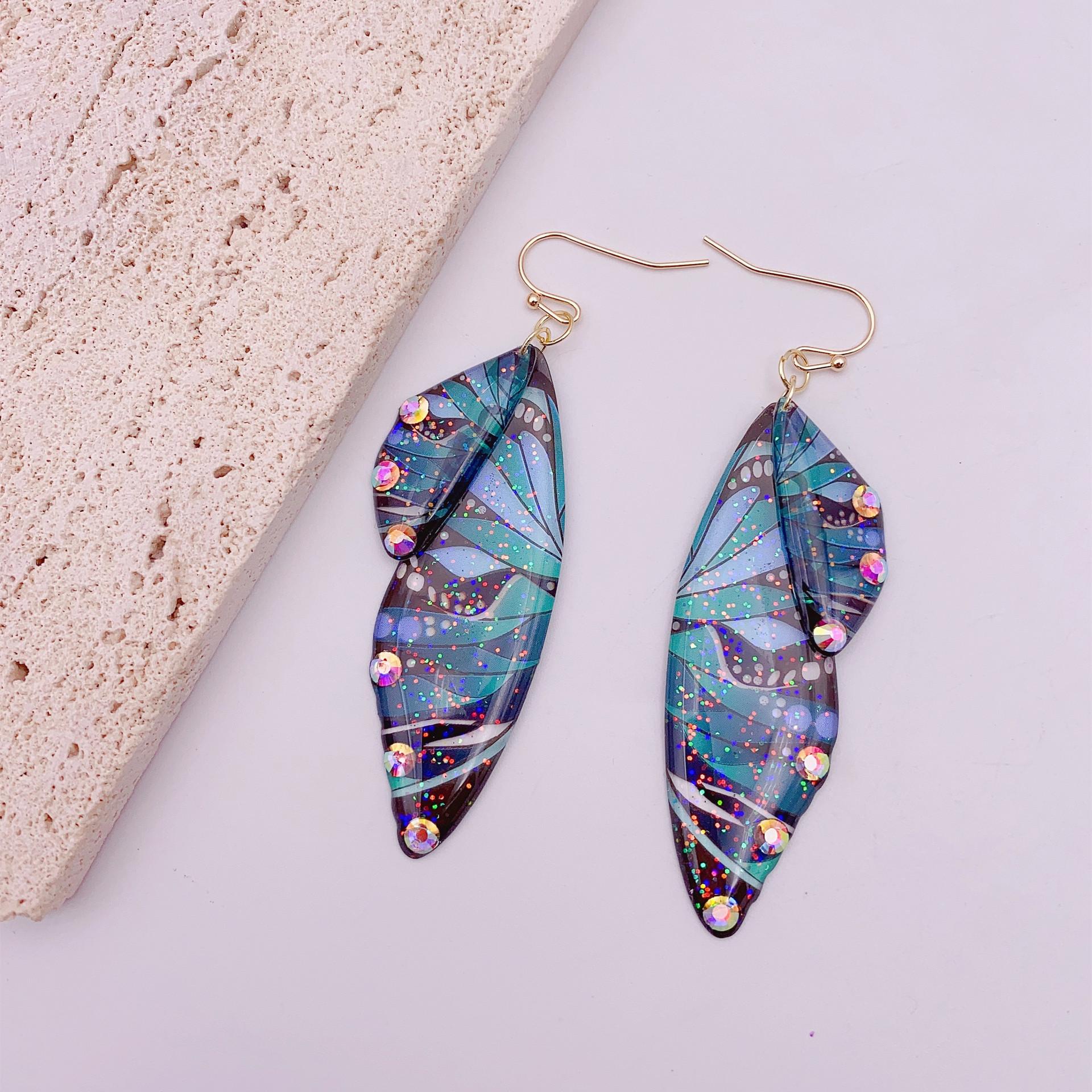 Popular personalized design simulation cicada wing earrings, high-end painting diamond-encrusted butterfly wing earrings