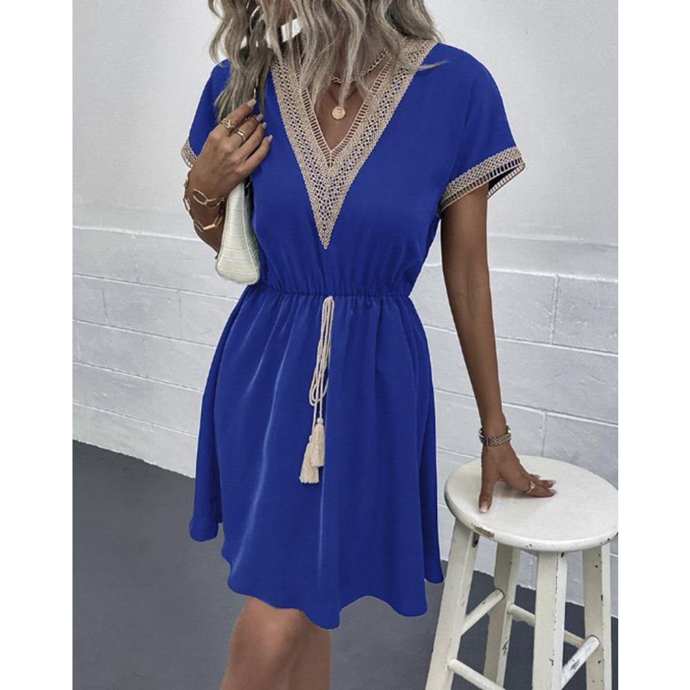 Women's Summer Dress, Spring and Summer Solid Color Short Sleeve Lace V-neck Waist-fitted Dress Casual Drawstring Waist Vacation Dress