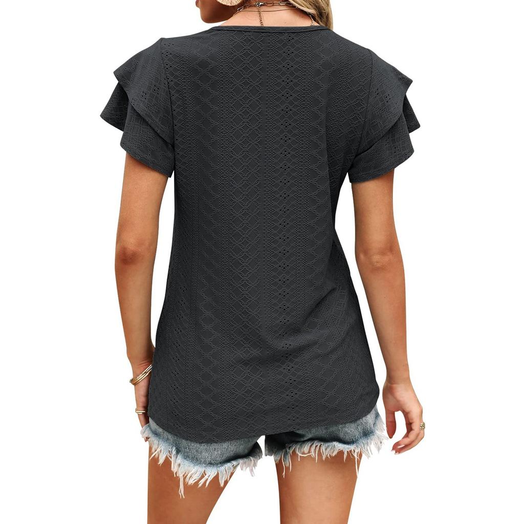 Women's V Neck T Shirt Summer Hollow Casual Ruffle Sleeve Tops Blouse