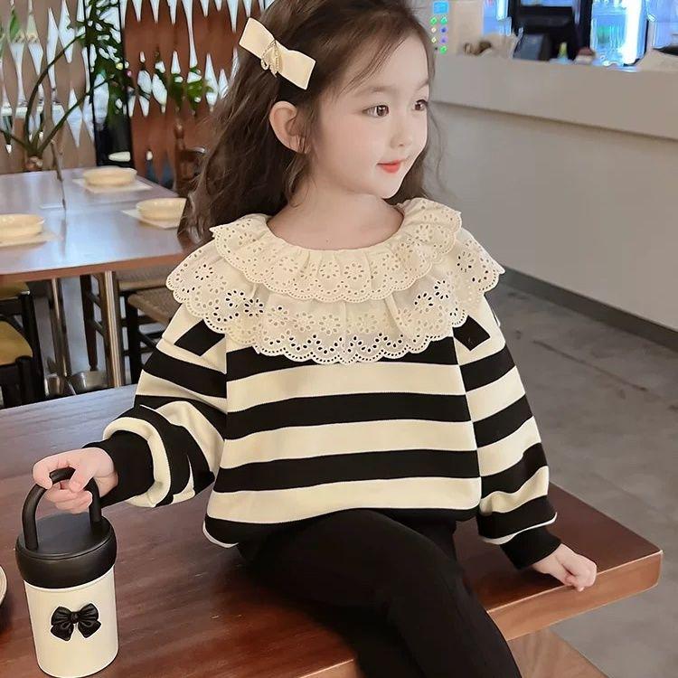 2026 Spring/Autumn Girls Striped Fleece-Lined Sweatshirt - Korean Style Trendy Base Layer 120cm