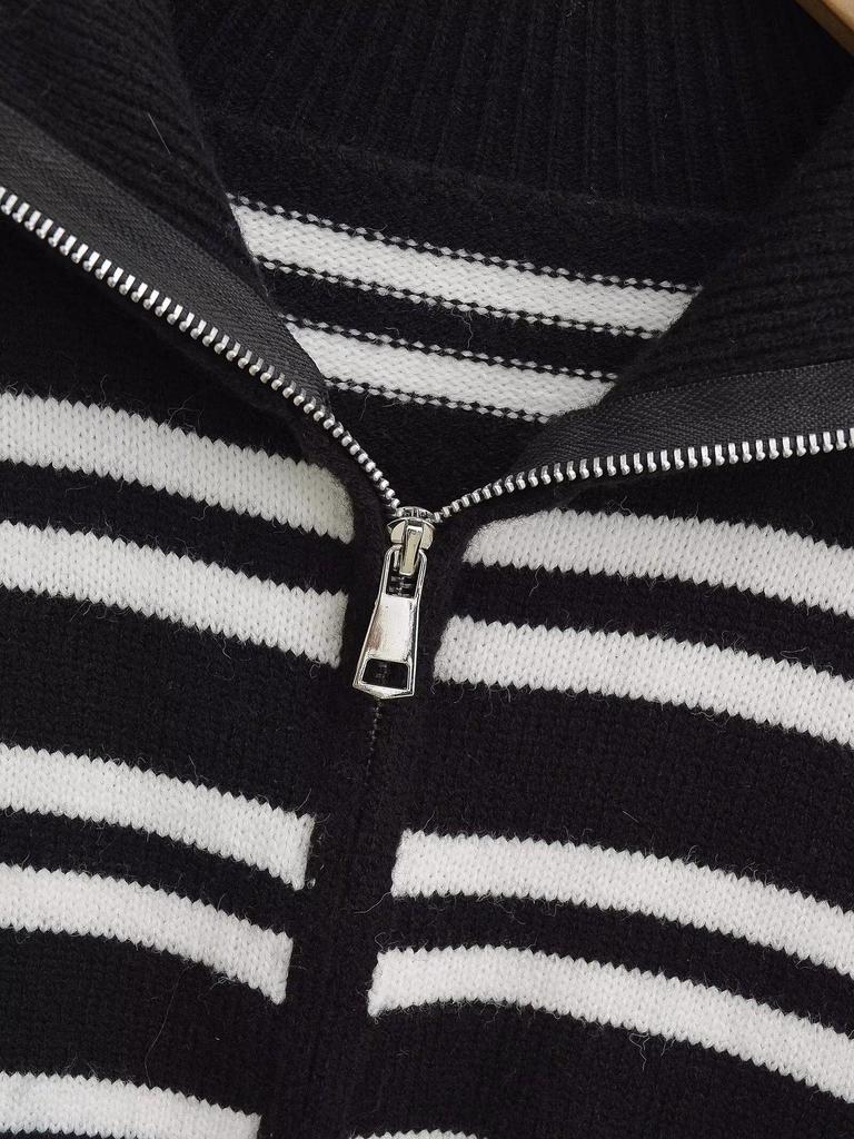 2025 Autumn Women's European & American Style Striped Lapel Long Sleeve Zipper Cardigan Jacket