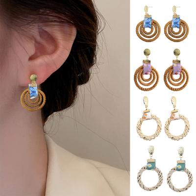 1 Pair Drop Earrings Circles Ethnic Style Rattan Printed Geometric Stud Earrings