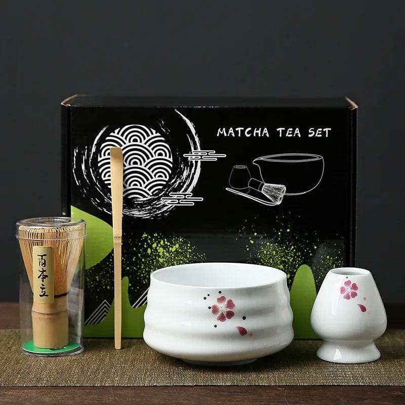 4PCS Japanese Matcha Tea Set Bamboo Whisk Scoop Ceramic Matcha Bowl Traditional Indoor Handmade Tea-making Tools Birthday Gift