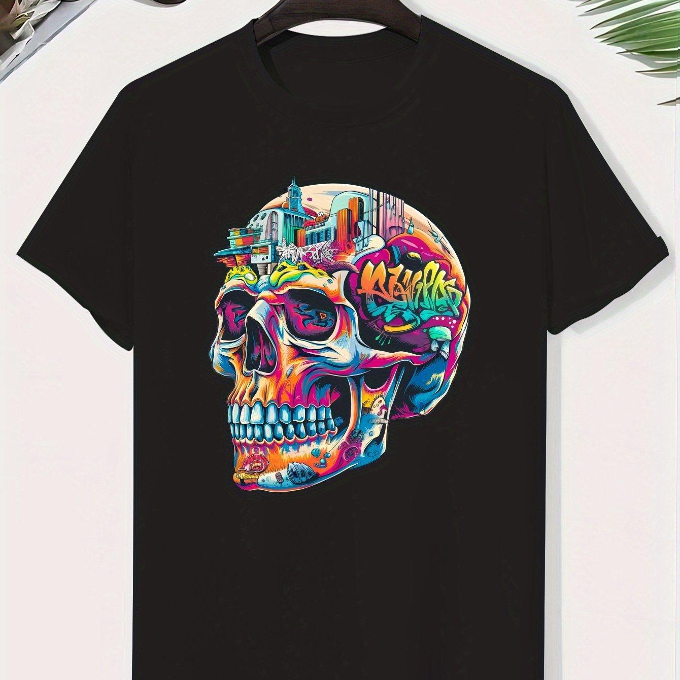 Men s Black Skull Graffiti Design Cotton T-shirt Summer Short Sleeve Tee with Urban Art Design Men Clothing Comfortable 4XL