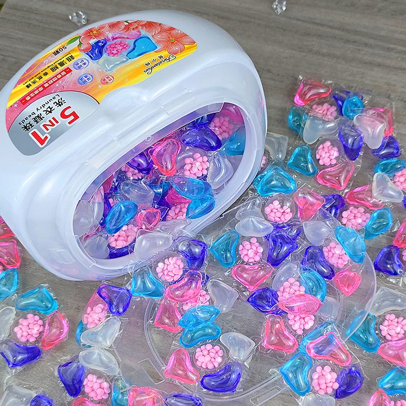 Box of 50, 5-in-1 Laundry Beads: Long-Lasting Fragrance, Softening, Cleaning, Stain Removal, Five-Chamber Pods.