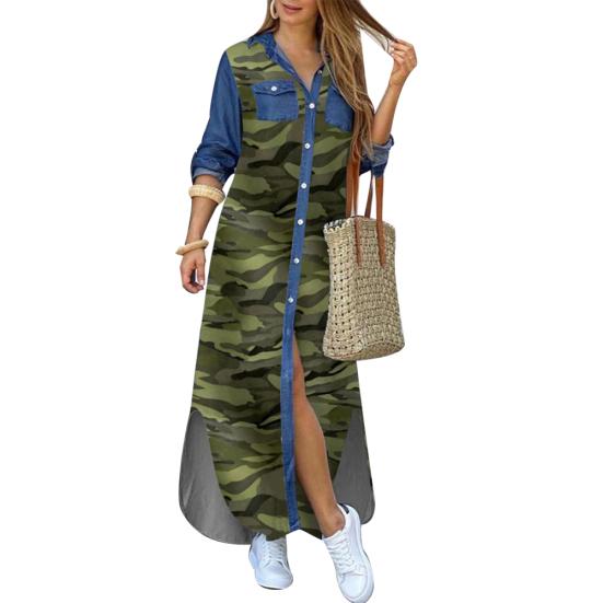 Fashion Women Long Sleeve Slitting Hem Pockets Single-breasted Maxi Shirt Dress