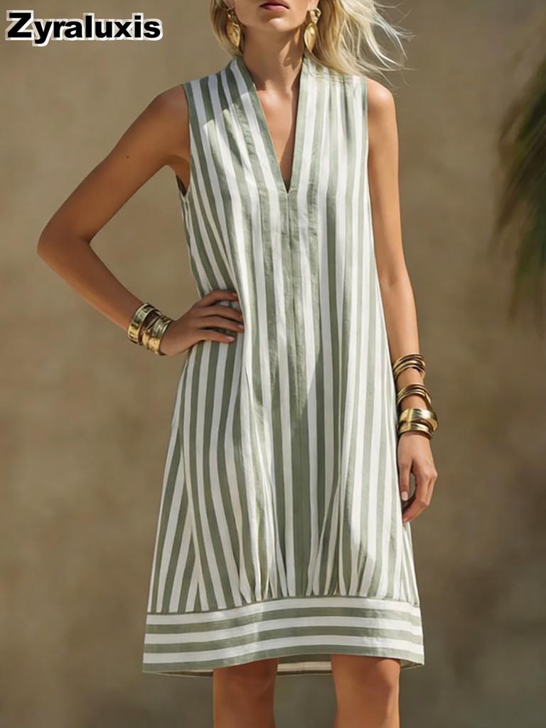Summer Casual Fashion Deep V Neck Striped Sleeveless Dress