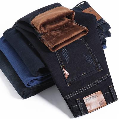 Winter Stretch Fleece And Cotton/Thick Jeans Straight Leg Slim Fit Warm Men'S Pants Casual Loose Pants
