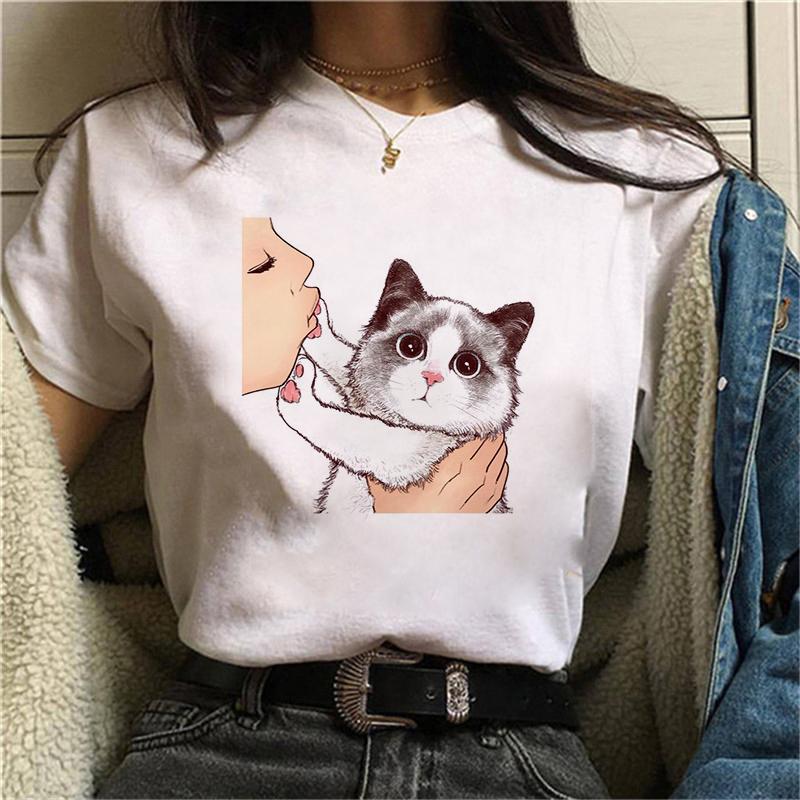 2021 Summer Women Tshirt Kiss a cute cat Printed Tshirts Casual Tops Tee Harajuku 90s Vintage White tshirt Female Clothing