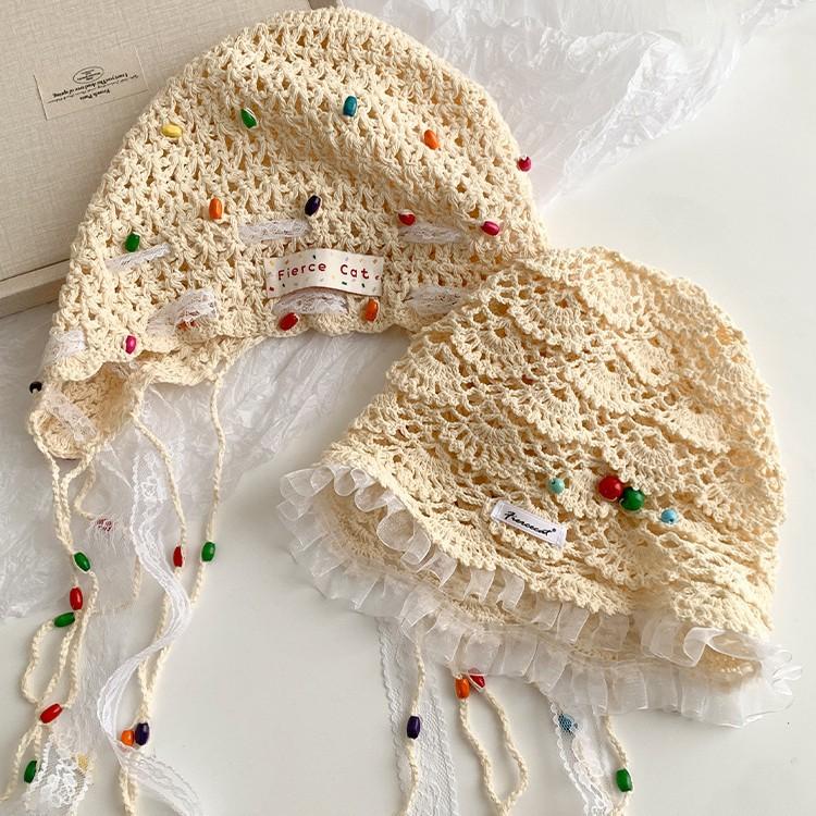 Chapéu de renda com borda de contas coloridas, vazado, feminino, de verão, fino, respirável, para rosto pequeno, chapéu de cabeça de tricô