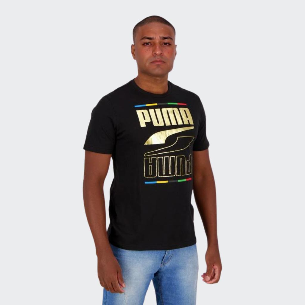 Puma Gold Foil Logo Print Short Sleeve T-Shirt Men Tops Black 586589-01