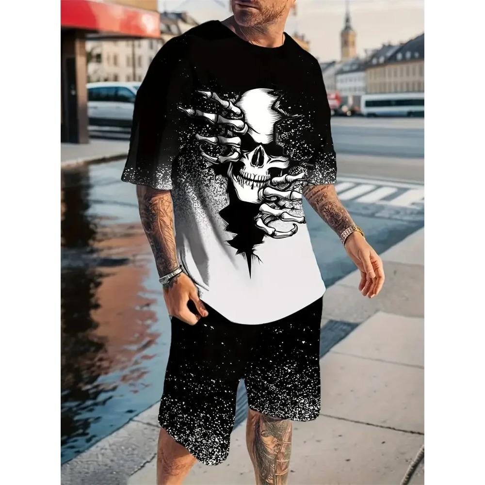 

Vacation Casual Short Sleeve Skull T-Shirt Outdoor Street Summer Men s Short Sleeve Shorts Set Oversized Breathable Soft Short Sleeves Sports Wear S