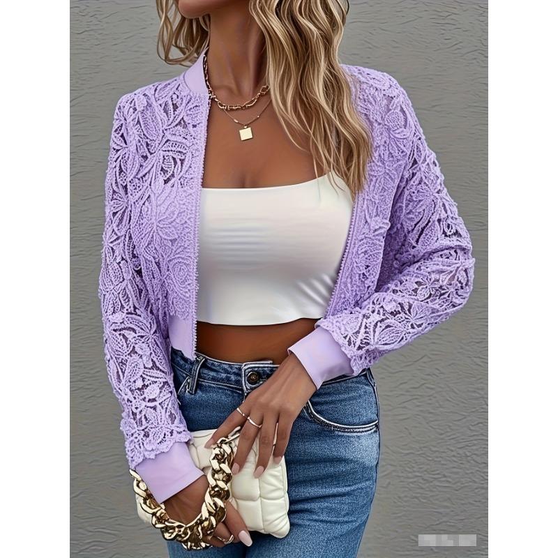 New Spring and Summer Lace Short Jacket Women's Spring and Autumn Thin Zipper Cardigan Long Sleeve Slim Fashion Versatile Top