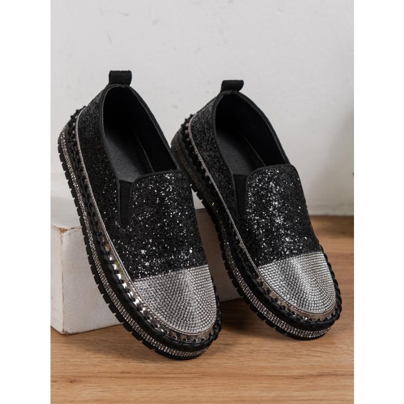 

Весна и Осень Новые Туфли-маффины с Круглым Носком, Одинарные, Плоские, Четыре Сезона, Женские, Со Стразами, Блестящие, Повседневные 41 чёрный