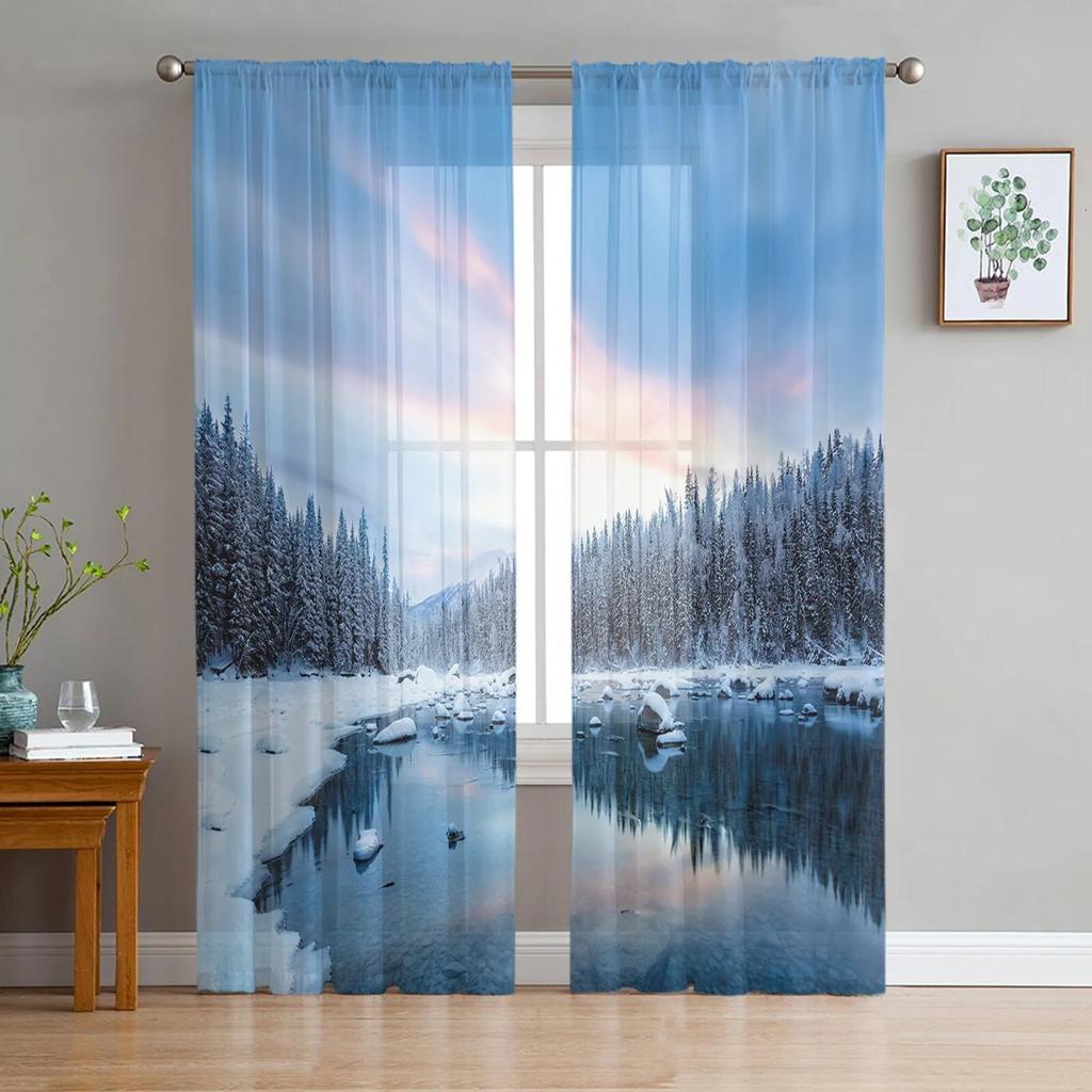 Winter Forest Tree Snowflake Semi Curtains Living Room Snowy Landscape Print Tulle Curtain Drapes Window Treatments Sheer Polyester Great Treatment