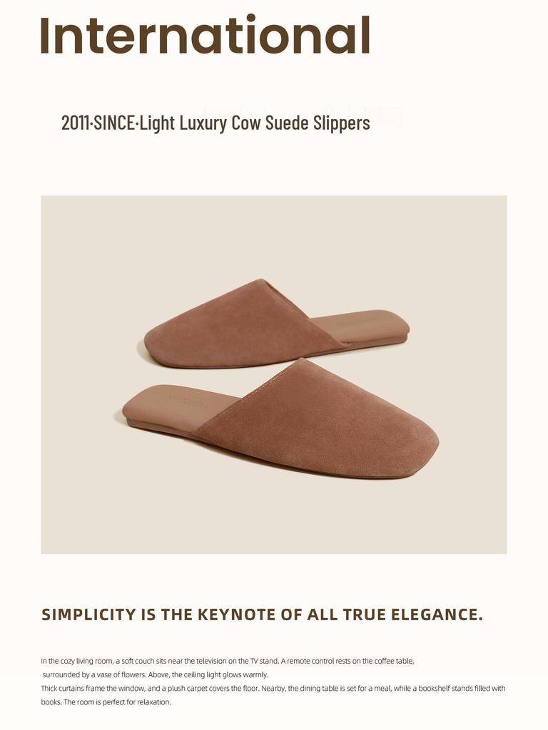 High-End Minimalist Genuine Leather & Suede Slippers - Non-Slip Sole, Unisex, All-Season Indoor Footwear