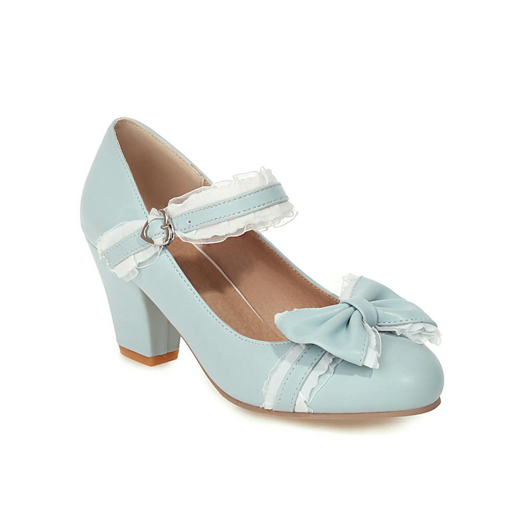 Autumn New Women's High Heels Sweet Lace Bow Princess Fashion Party Shoes Buckle Thick Heels Ladies Wedding Pumps Size 32-48