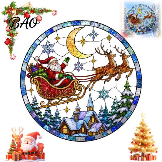 Christmas Home Window Decor Santa Sleigh Suncatcher Cling, Stained Glass Style Static Glue Free Sticker Sticker, Rainbow Film Xmas for Shop Storefront
