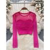 Fashion Pure Desire Mesh Patchwork Niche Style Long Sleeves T-shirt