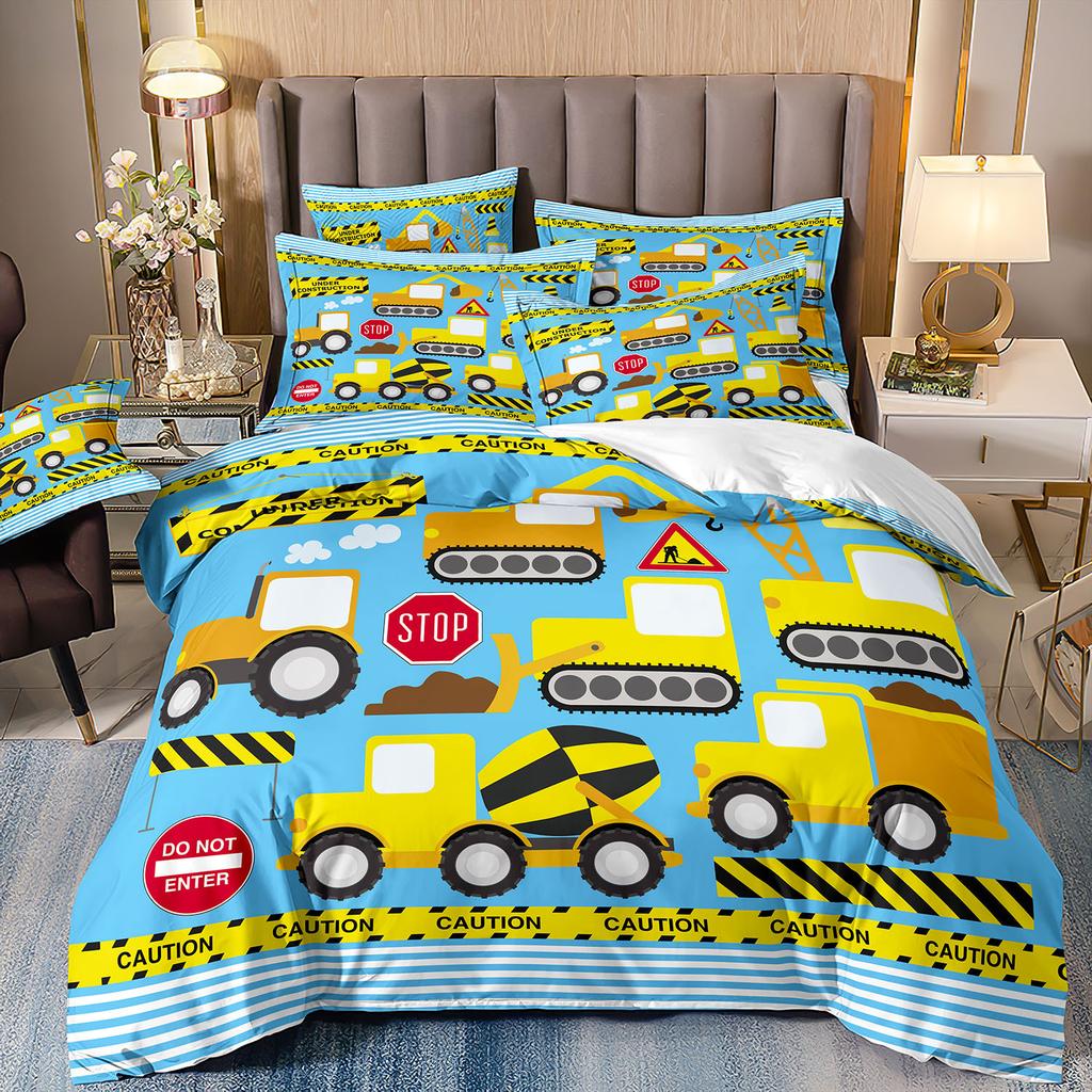 Construction Vehicle Excavator Truck Fire Truck 3D Digital Printing Bed Three-Piece Quilt Kit