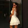 LYRIA Women Fashion Square Collar Sleeveless Solid Mini Dress Female Summer Pleated Dress Chic High Street Slim Short Dress