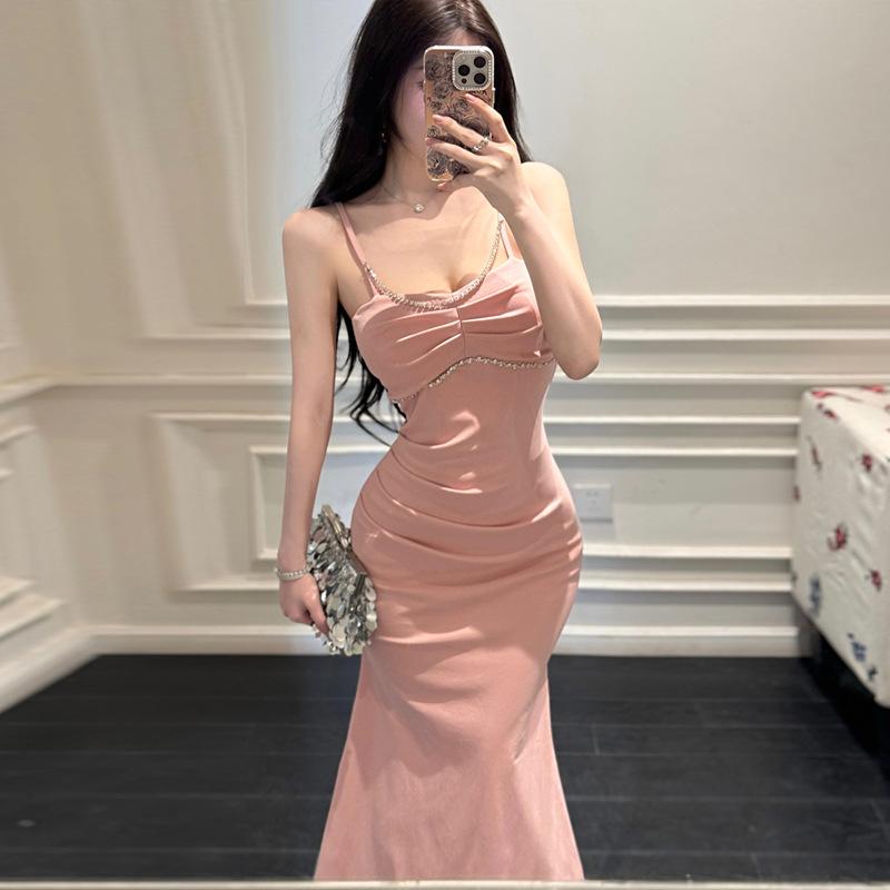 Women's pure desire sexy diamond-encrusted pleated slim-fitting fishtail dress