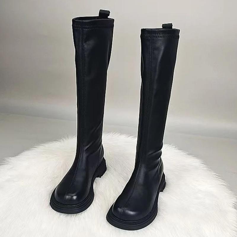 Höga stövlar Dam Platta skor Platå Knähöga skor Vinter Designer Motorcykelstövlar Ny Trend Mode Gotisk Damstövlar
