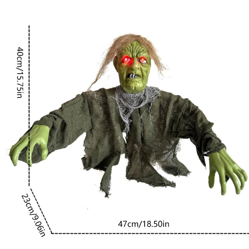Green Face Halloween Yard Decoration with Red Light Detail, ABS Ground Insert Accent for Porch, Lawn, and Entryway Party Display, 1 Piece