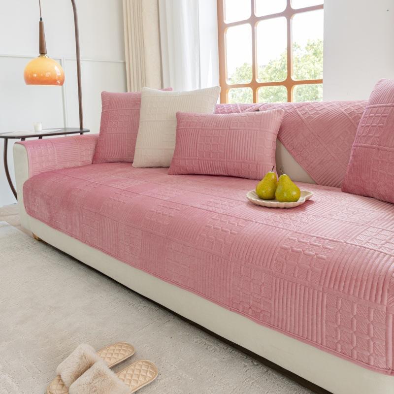 Nordic Simple Solid Color Modern Plush Sofa Cushion Four Seasons Universal Embroidery Non-Slip Seat Cushion Dutch Velvet Sofa Cover Towel