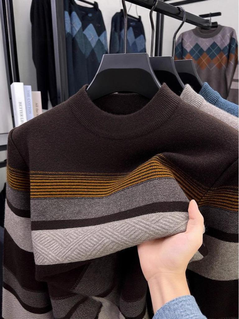 Men's Winter Striped Color Block Half-High Collar Fashion Knit Sweater