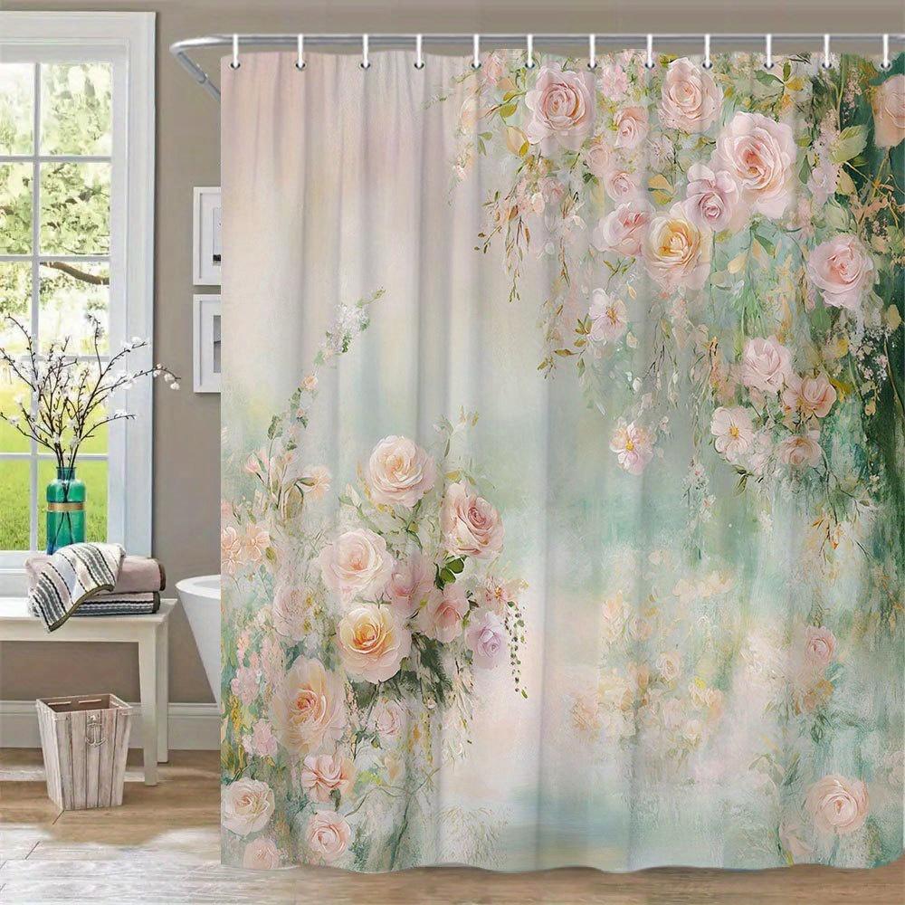 

1pc Watercolor Peonies Bathtub Curtain - Pink & White Blooms with Green Foliage, Soft Gradient Design, 12 Hooks Included 90x180cm
