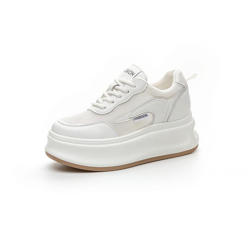 Small Size Inner Height Increase Net Shoes Women's Summer Leather Mesh Breathable Single Shoes 8 Muffin Thick-soled White Shoes