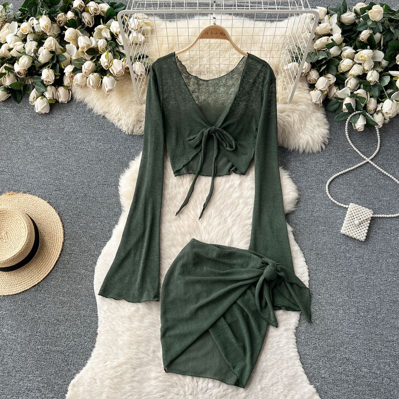 

Fashion Sexy Lacing Asymmetrical Hip Skirt Cardigan Green L