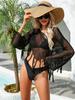 Women Hollow Out Long Sleeve Fringe Crochet Beach Bikini Cover Up