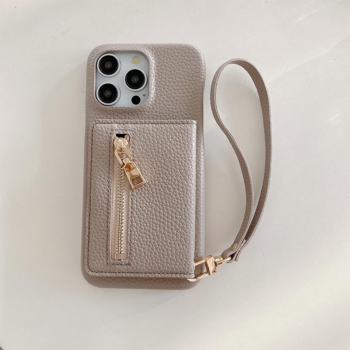 

Luxury Lanyard Fold Card Holder PU Leather Case For iPhone 15 14 13 12 11 Pro Max Lichee Pattern Small Mirror Zipper Cover For iPhone 13 Pro