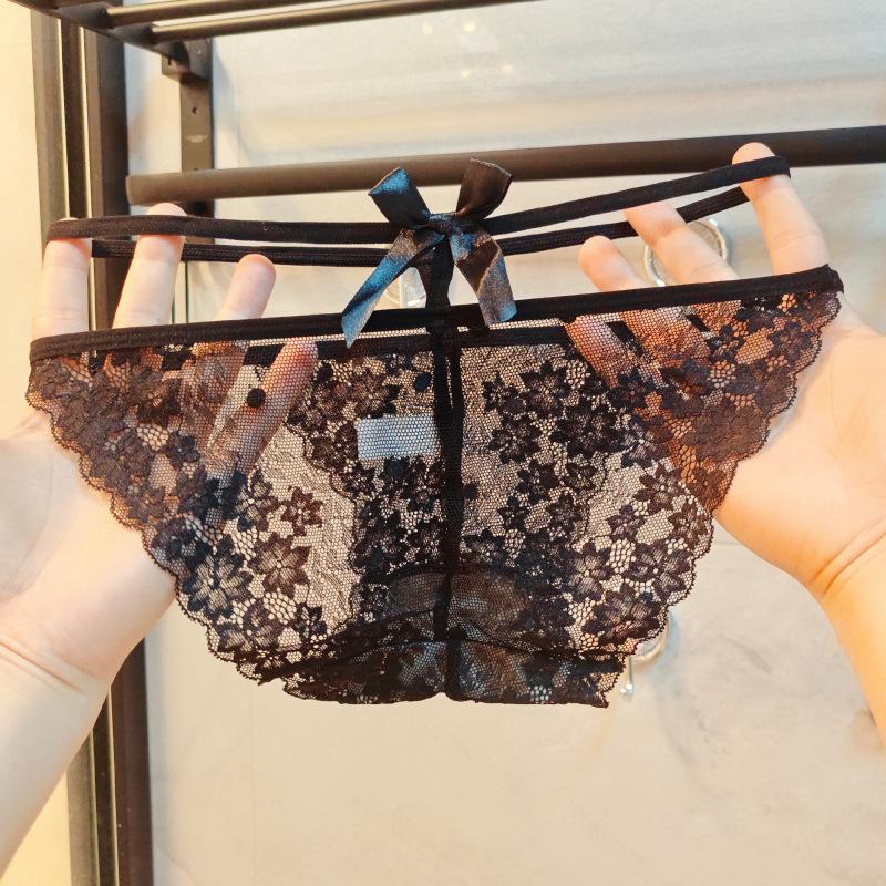 Women's Lace Transparent Sexy Underwear Bow Hollow Low Waist Cotton Crotch Triangle Pants