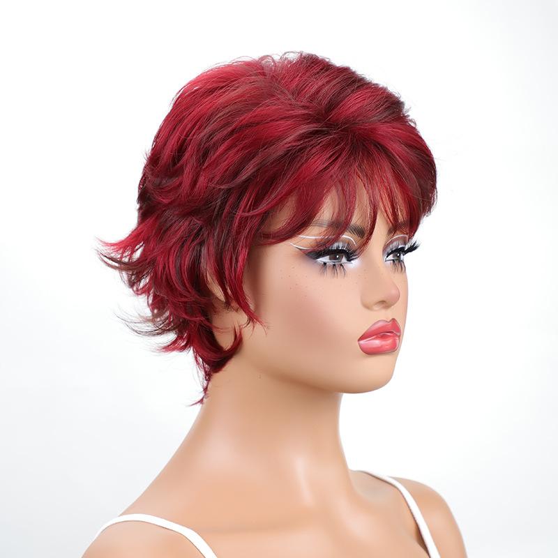 Parrucche Sintetiche con Frangia per Donna Capelli Corti Naturali Mossi Ricci Rosso Vino Parrucca Quotidiana da Festa Cosplay Parrucca Femminile in Fibra ad Alta Temperatura