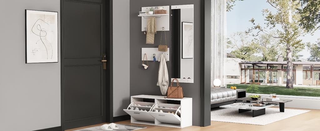 90*30*41.5cm 4-Piece Coat Rack Set with Mirror, 2 Hat Shelves and Shoe Cabinet, Compact Coat Rack with 6 Coat Hooks, White