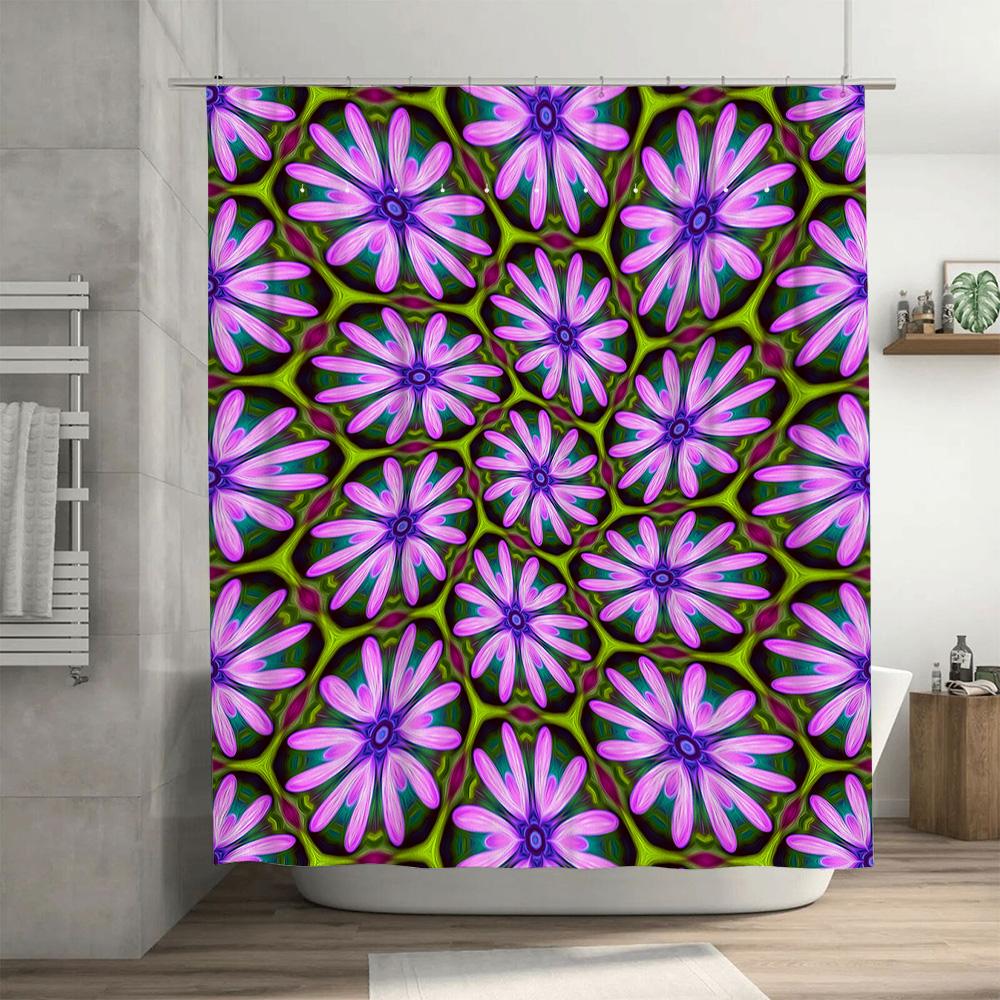 Bright Floral Shower Curtain Set Pink Purple Flower Pattern Bath Decor Waterproof Fabric Shower Panels for Bathroom Decoration H