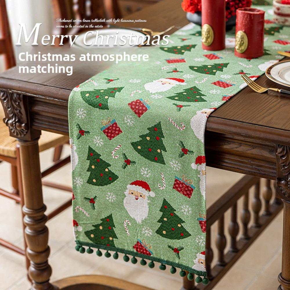 Christmas Red Table Runner Santa Claus Fringe Balls Western Dining Decor Long Cloth Sideboard Table Cover