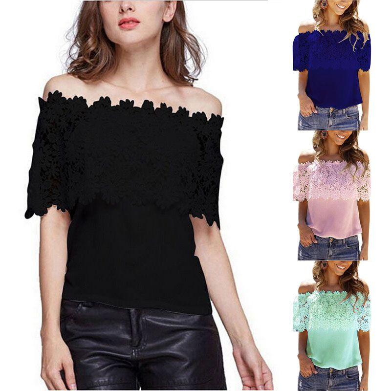 Offshoulder Short Womens Sleeve Lace Hollow Baggy Casual Tshirt Blouse Tops