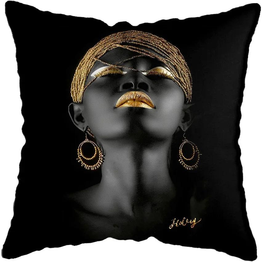 45*45CM Modern Living Room Black Gold African Lady Woman Style Look Art Deco Sofa Pillowcase Cushion Cover