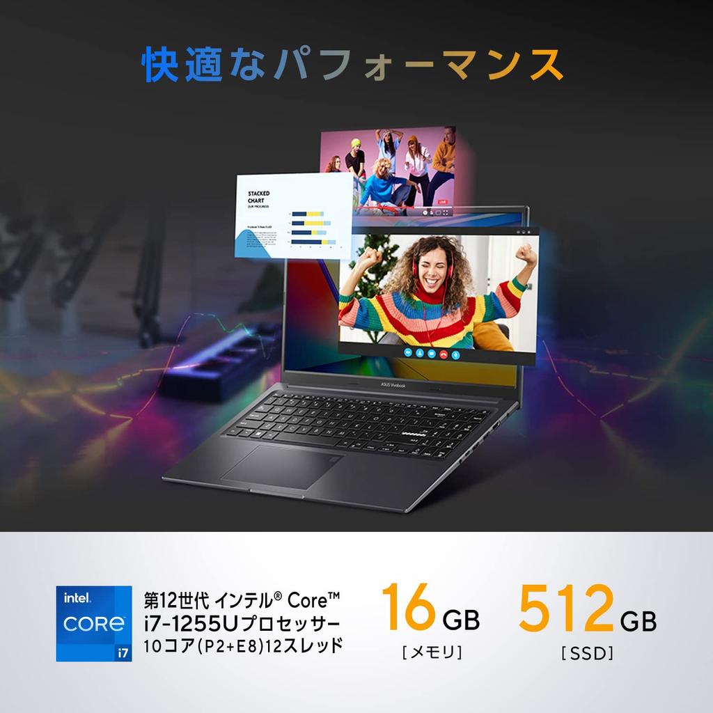 ASUS Vivobook 15X 12th Generation Core 16GB 512GB MS Office Windows Battery Power Fingerprint Indie 15.6-inch Laptop, i7-1255U, Memory, SSD, 2021, 11,