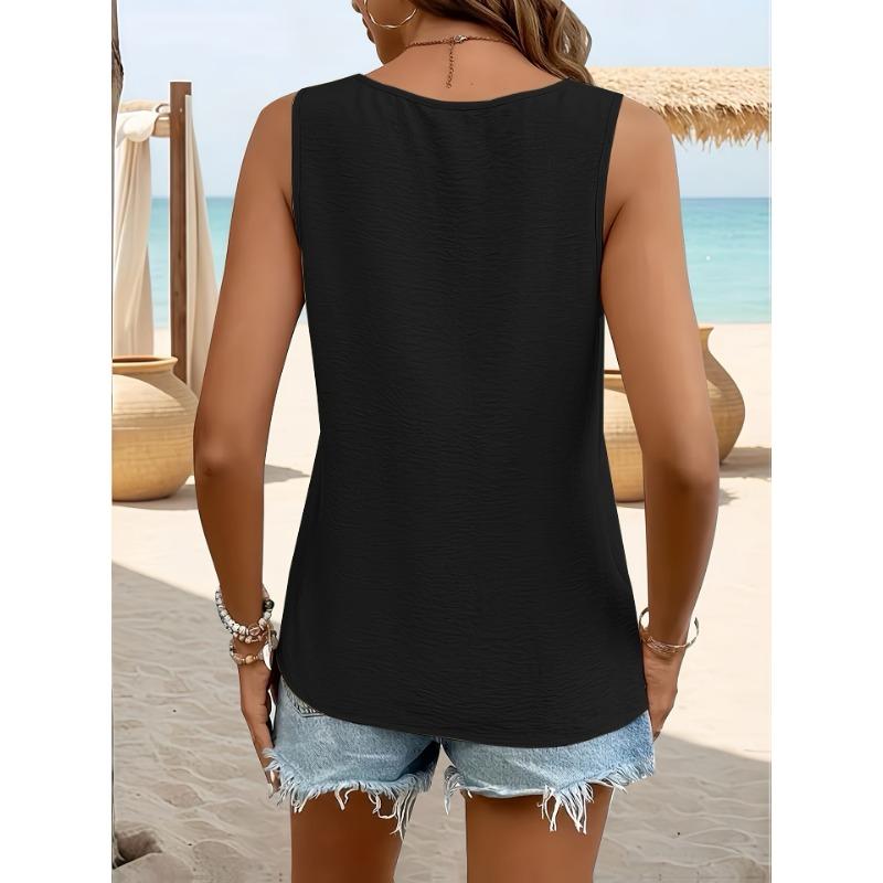 Summer Fashion Casual Tops Women's Sleeveless Woven V-neck Pleated Solid Color Women's Vest