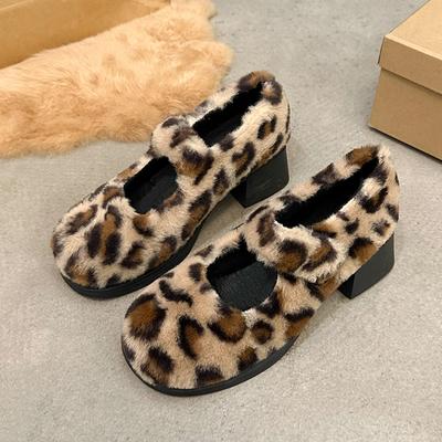 Kobiety Lampart Futro Marie Janes Wysokie Obcasy Buty Zima Ciepłe Pluszowe Bawełniane Buty Trend Moda Chodzenie Czółenka Zapatos Mujer