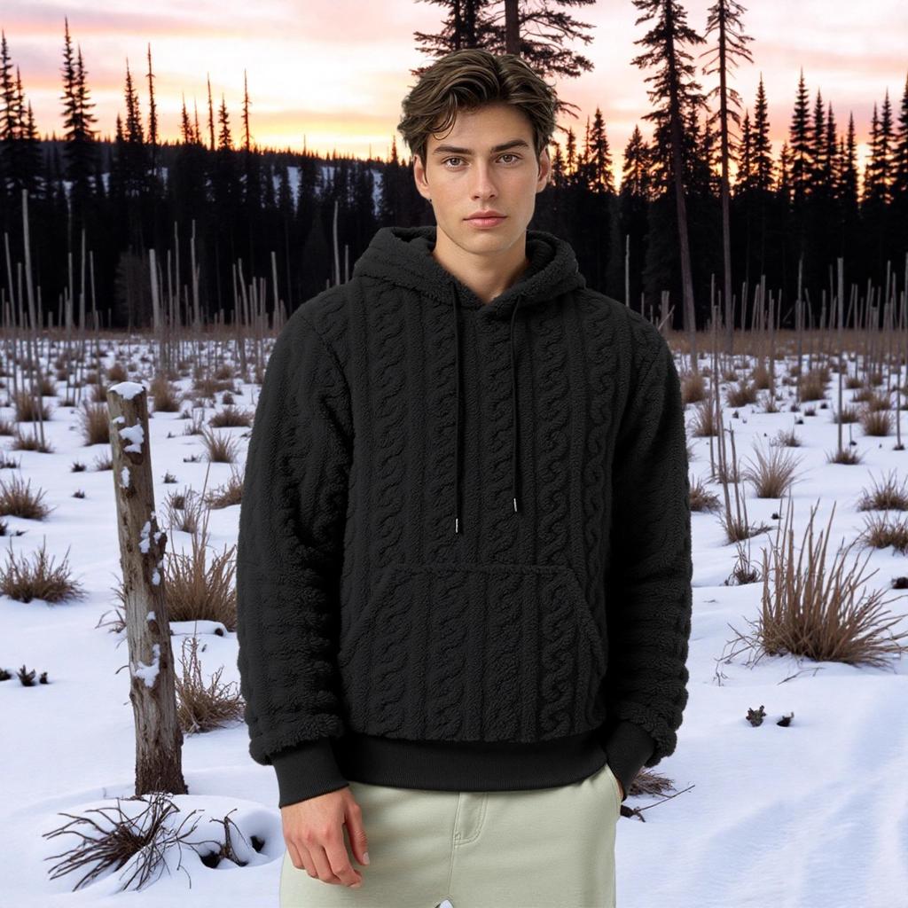 Men's Fuzzy Sherpa Hoodie Pullover Sweatshirts With Pocket Comfortable Loose Cozy Long Sleeve Winter Hooded Outwear Textured Tops for Men