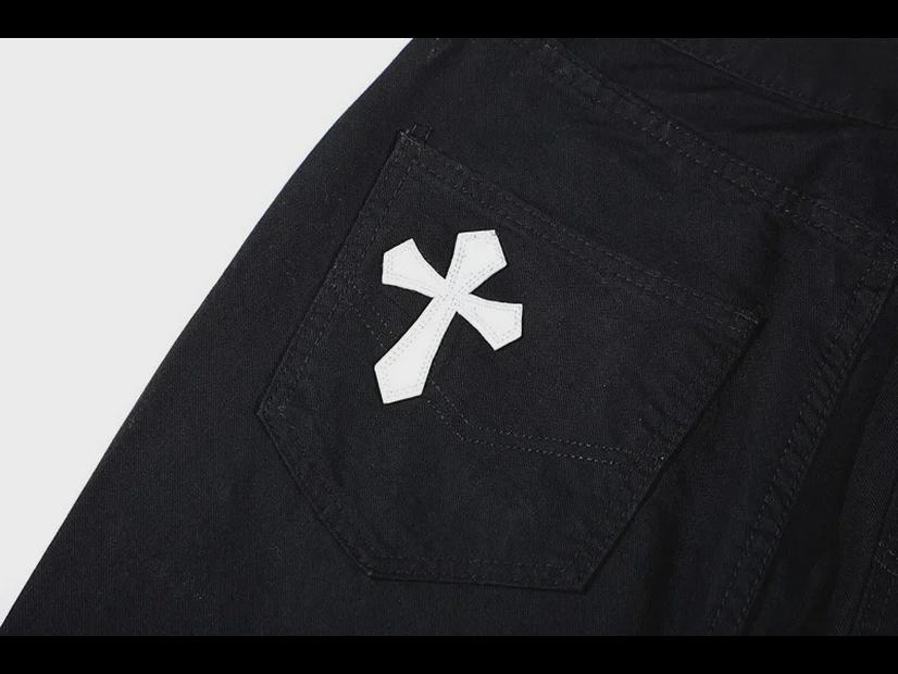 Men's Black and White Cross Raw Edge Flared Jeans - European & American High Street Style